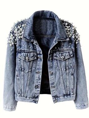Ladies' Elastic Denim Jacket, Pearl Decorated Neckline, Short Style, All-season